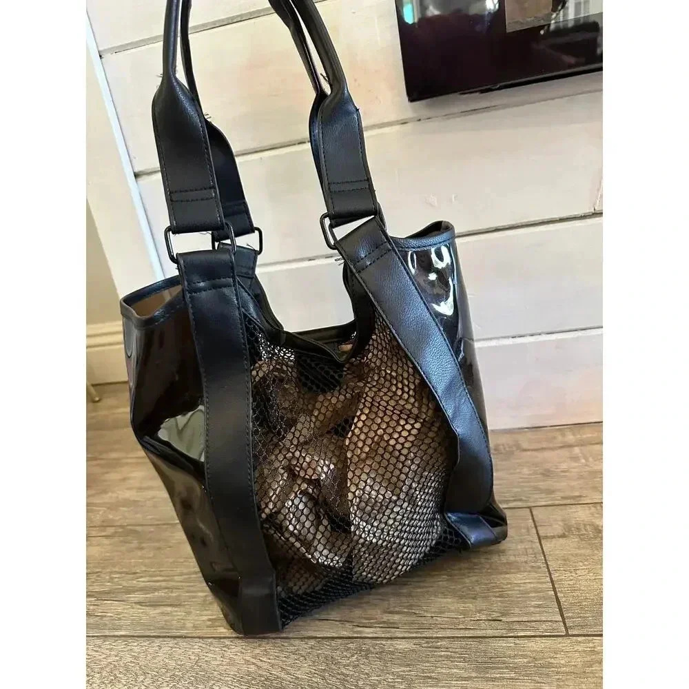 No Boundaries NB211129 Black Leather Mesh Beach Tote Bag